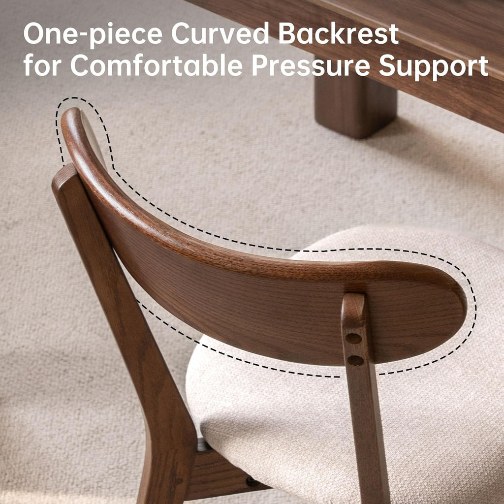 100% Solid Oak Dining Chairs, Mid Century Modern Dining Chair with Curved Backrest, Fabric Upholstered Dining Chairs for Kitchen, Study, Living Room (4, Walnut Wood-Beige Cushion)