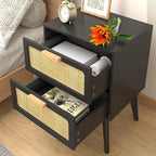 Rattan Nightstand Set of 2,Mid Century Modern Bedside Table with Storage,End Table,Side Table with 2 Hand Made Rattan Decorated Drawers for Livingroom, Bedroom, Black CTG59B-2
