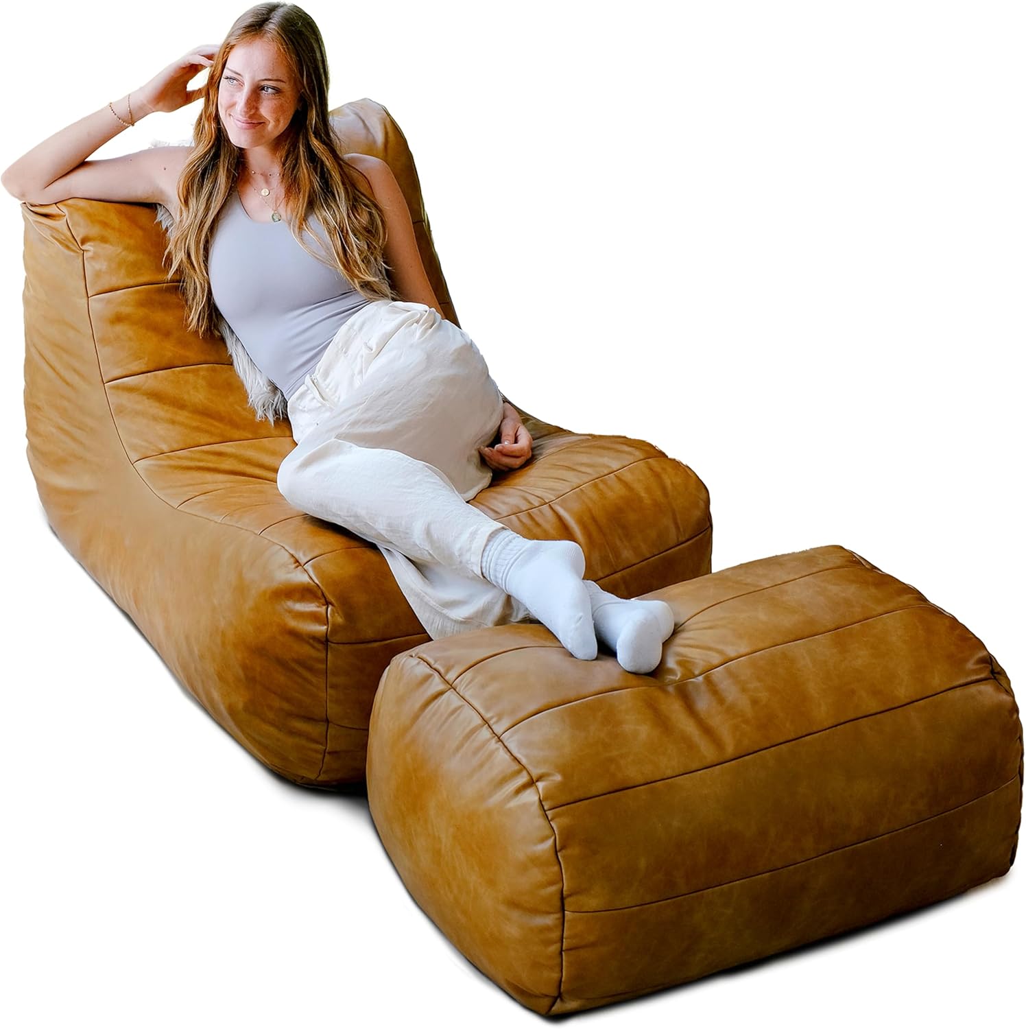 Big Joe Modora Bean Bag Lounger, Living Room and Gaming Seat, Copper Harbor Vegan Leather, Chair & Ottoman Set