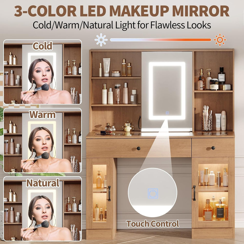 GarveeHome Makeup Vanity Desk with Mirror and Lights, 41" White Vanity S...