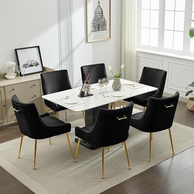 Velvet Dining Chairs Set of 2 Gold Legs,Upholstered Velvet Accent Chairs, Pleated Back Design & Gold Pull Handle, Mid Century Modern Chairs for Dining/Kitchen/Living Room,Black