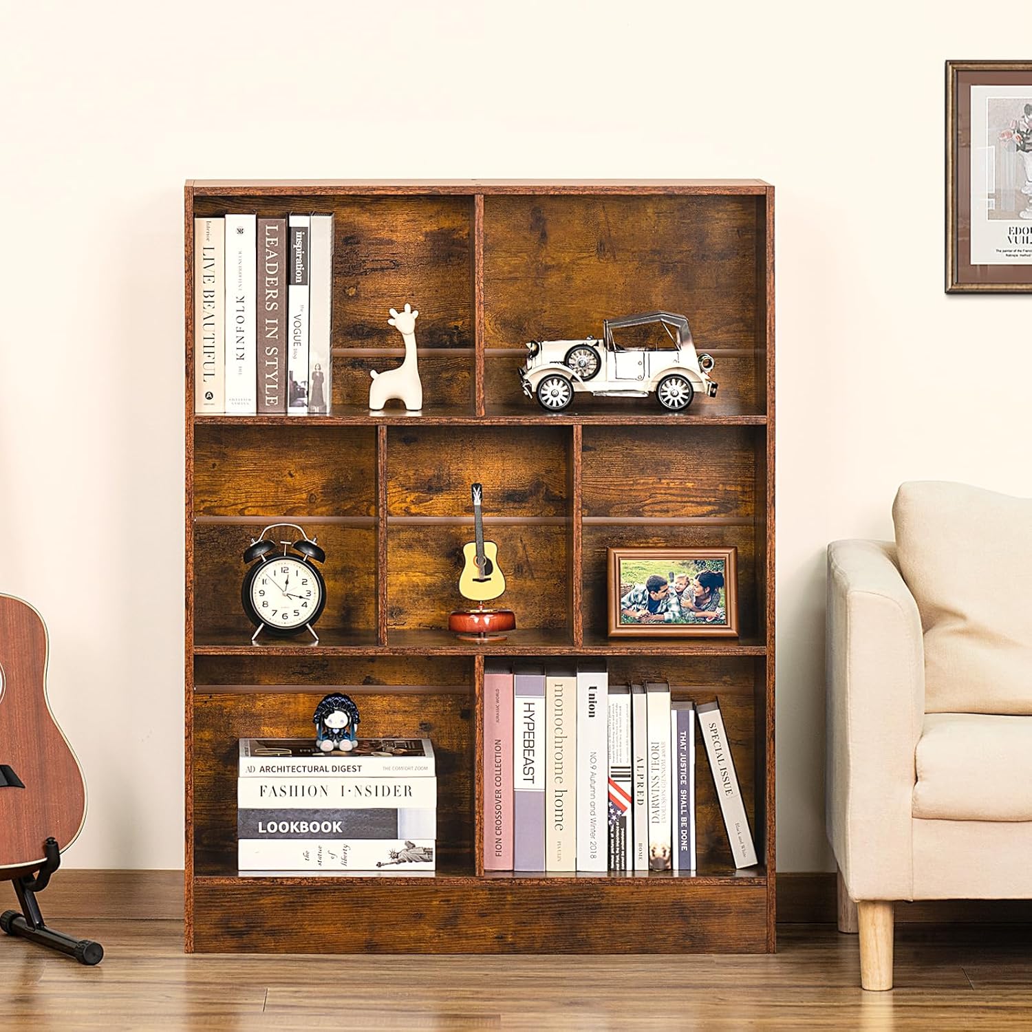 LEYAOYAO 7 Cube Bookshelf with Base,3 Tier Mid-Century Modern Brown Bookcase,Standing Wide Bookshelves Storage Organizer Shelf,Rustic Wood Display Cabinet Book Shelves for Bedroom,Living Room,Office