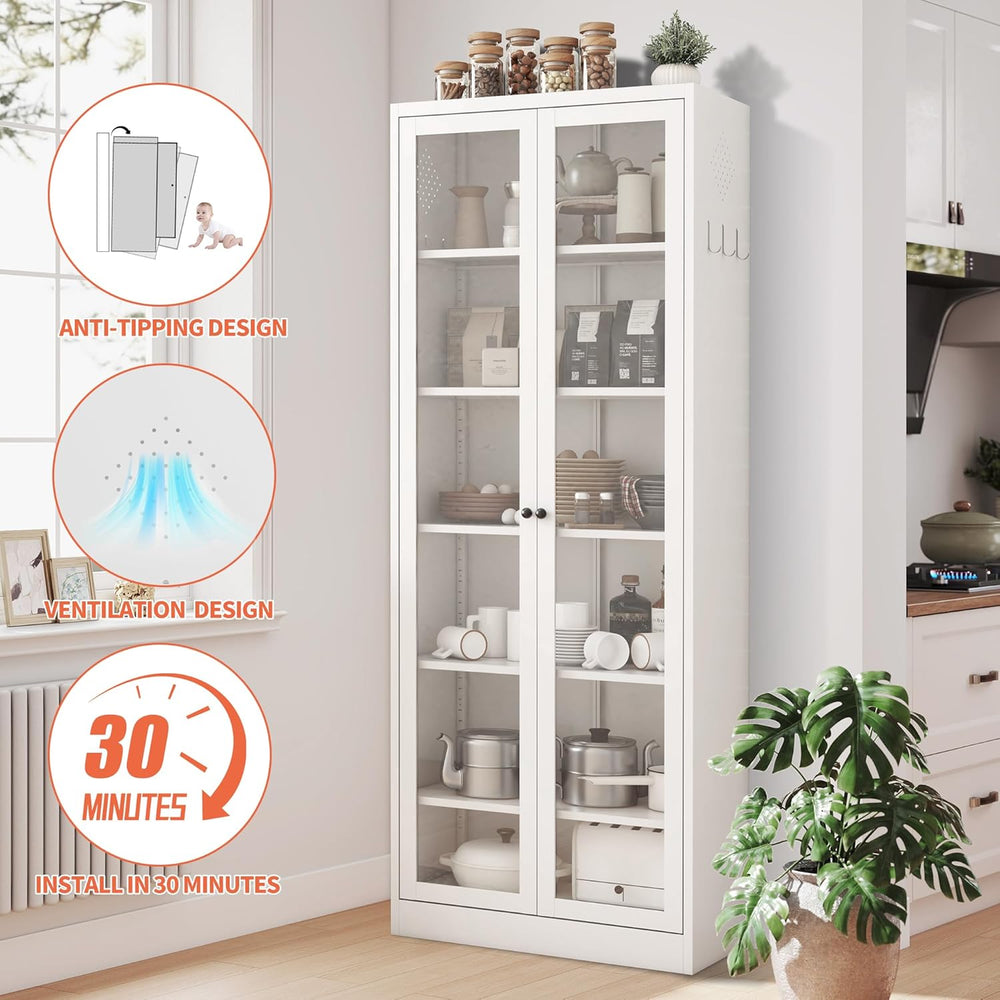 IKIMI 72" Metal Storage Cabinets with Glass Doors and 5 Shelves,White Ki...