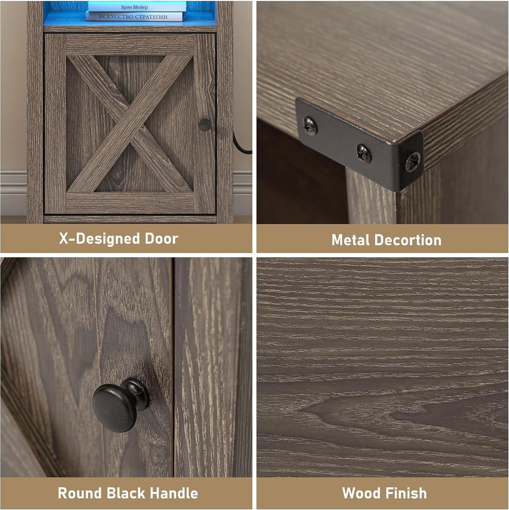 Hlivelood Farmhouse LED Nightstand Set of 2 with Charging Station, Rustic End...