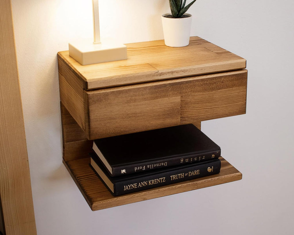 Floating Nightstand Side Accent or End Table with Storage Drawer, Wood Bedside Shelf, Handmade Floating Table (Cape Town)