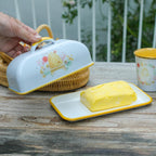 Enamel Butter Dish with Lid Vintage Enamelware Butter Keeper with Flower and Bird Patterns Farmhouse Butter Container Butter holder for Countertop Kitchen Decor(Orange)