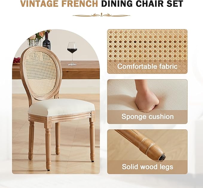 Nrizc French Country Dining Chairs Set of 4, Farmhouse Fabric Chairs with Round Back, Woven Rattan Dining Chair, Oval Side Chairs for Dining Room/Living Room/Kitchen/Restaurant
