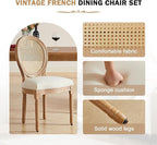 French Country Dining Chair Set of 2, Vintage Chic Woven Rattan, Upholstered and Carved Wooden Frames, Beige Linen Fabric, Lightweight, Sturdy, Ideal for Dining Room, Kitchen, Living Room, Bedroom