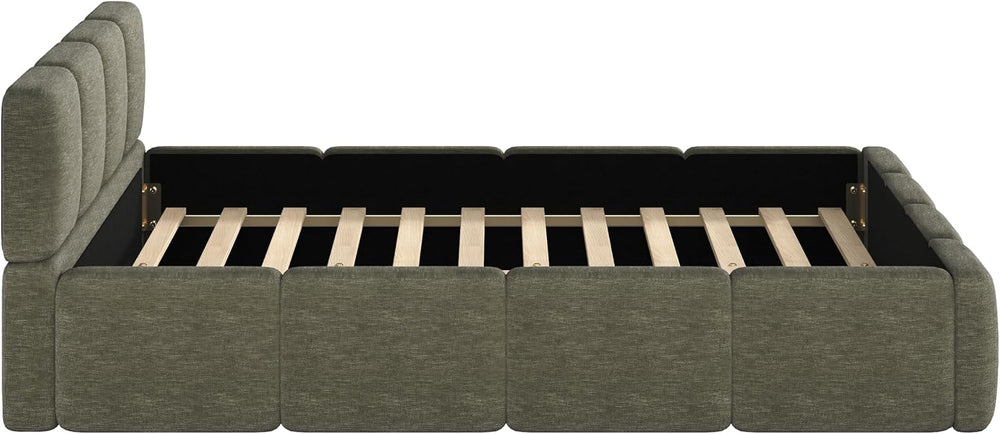 Merax Queen Linen Blend Platform Bed, Thick Headboard and Footboard, Green