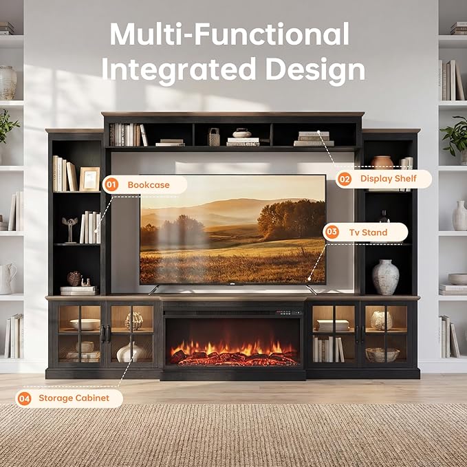 Black 98” Farmhouse TV Stand with Fireplace, Entertainment Center, Wall Unit Media Console with Bookshelf, Cabinet & Power Outlets & Barn Doors, Fits TVs Up to 75” for Living Room
