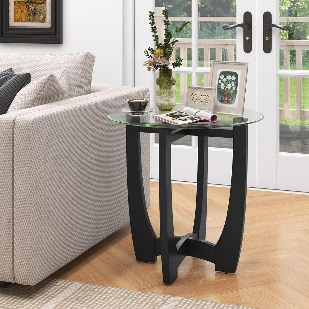 Giantex Glass End Tables Set of 2, Round Side Tables with Rubber Wood Frame &...