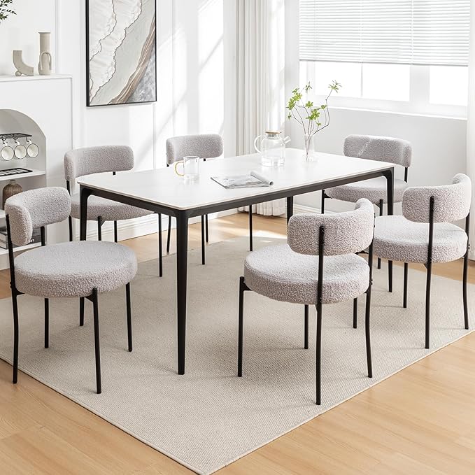 Boucle Dining Chairs Set of 6, Mid Century Modern Dining Room Chairs with Metal Legs, Upholstered Kitchen Chairs for Dining Room, Kitchen (Light Grey)