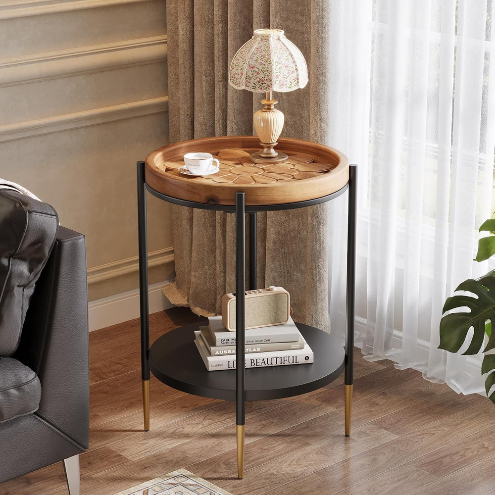 Tribesigns Round Side Table, 2-Tier End Table with Solid Wood and Metal, Indu...