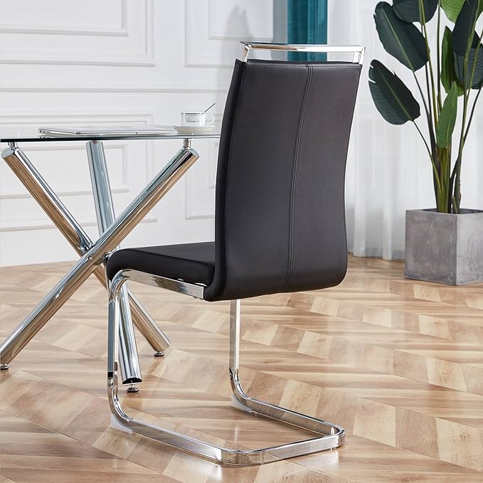 AZmac Modern Leather Dining Chairs Set of 4,Armless Kitchen Chairs,Dining Room Chairs with Upholstered Padded Seat and Sturdy Chrome Legs for Dining Room,Kitchen (Set of 4, Black+PU Leather)