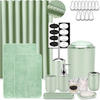 IMAVO Green Bathroom Accessories,Non Slip Super Absorbent Rugs and Waterproof Shower Curtain with Hooks,Complete Bathroom Set for Bathroom Décor