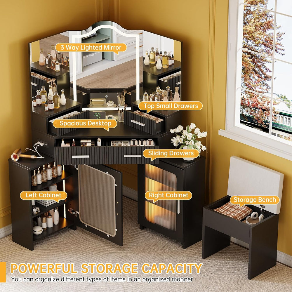 Corner Vanity with Mirror and Lights, Vanity Set with Tri-Way Mirrors | Makeu...