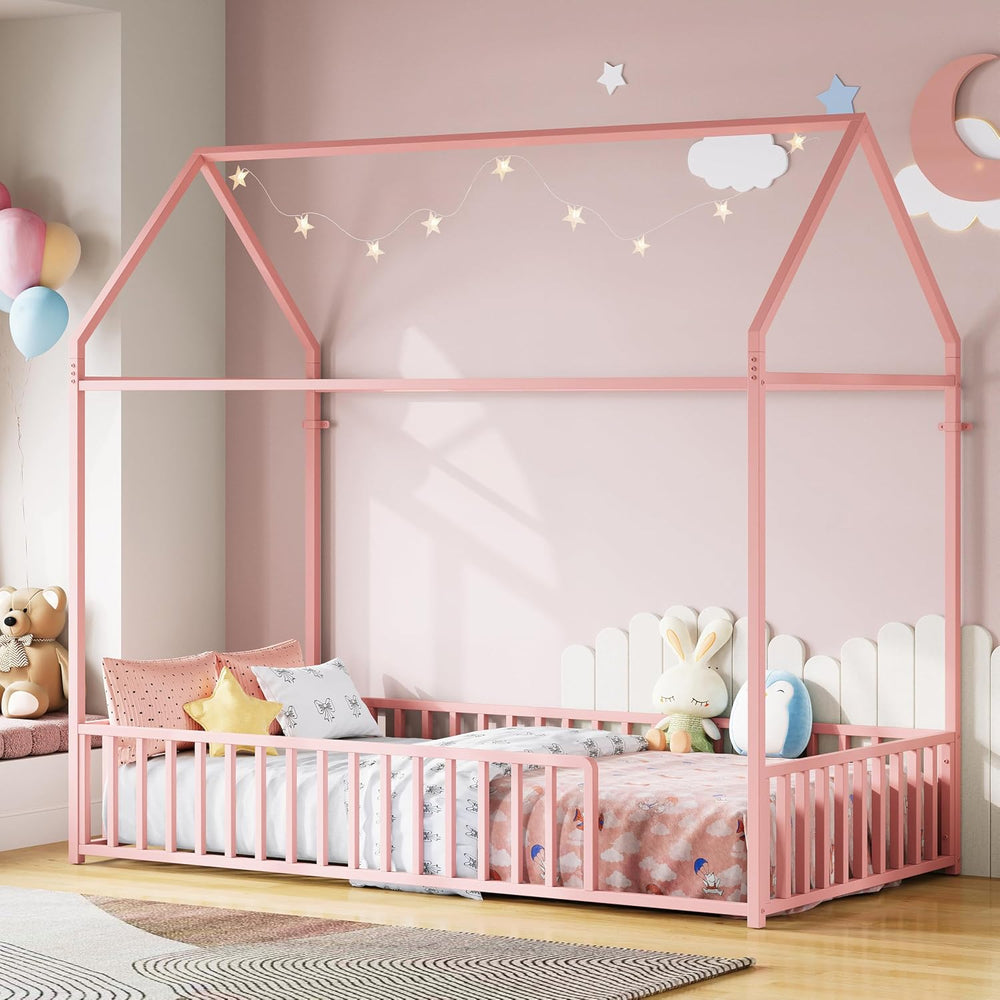 LIKIMIO Twin Floor Bed with Roof and Fence Guardrails, Pink