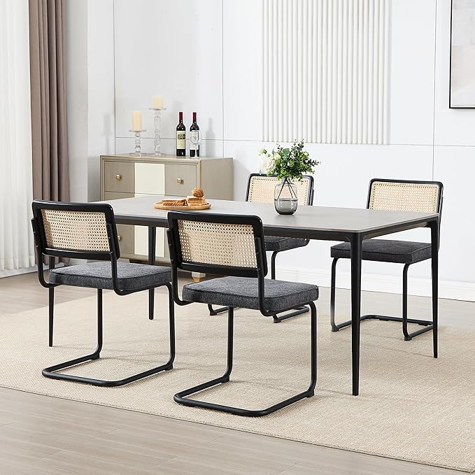 Zesthouse Rattan Dining Chairs Set of 6, Mid Century Modern Dining Room Chairs with Natural Cane Mesh & Black Matte Base, Dark Grey Cesca Chair, Linen Fabric Kitchen Chair with Solid Wood Frame Back