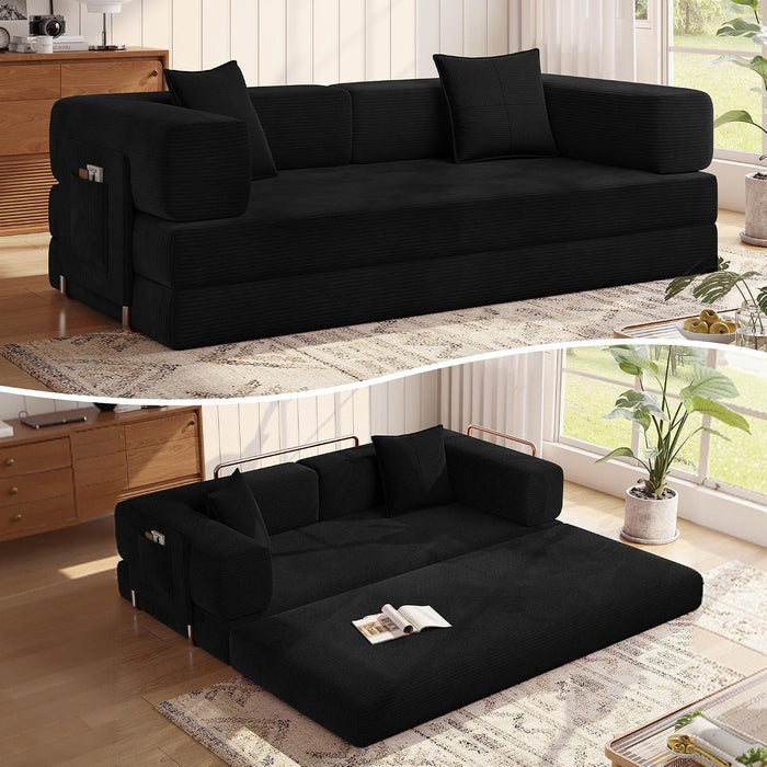 MoonSpeak 78.8'' Futon Sofa Bed, Couches for Living Room | Corduroy Convertible Futon Sofa Bed with Storage Pocket, Modular Sleeper Couch in a Box, No Assembly (Black)