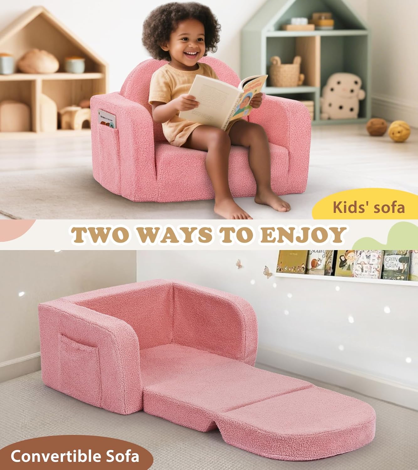 Foryoomi Kids Couch, 2-in-1 Soft Toddler Couch Fold Out with Blanket, Comfy Toddler Chair, Convertible Sofa, Gifts for Kids Girl Boys, Medium Pink Rainbow