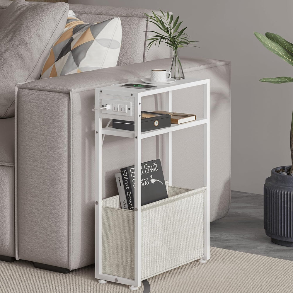 Leomonio White Side Table with Charging Station, Slim End Tables with Linen B...