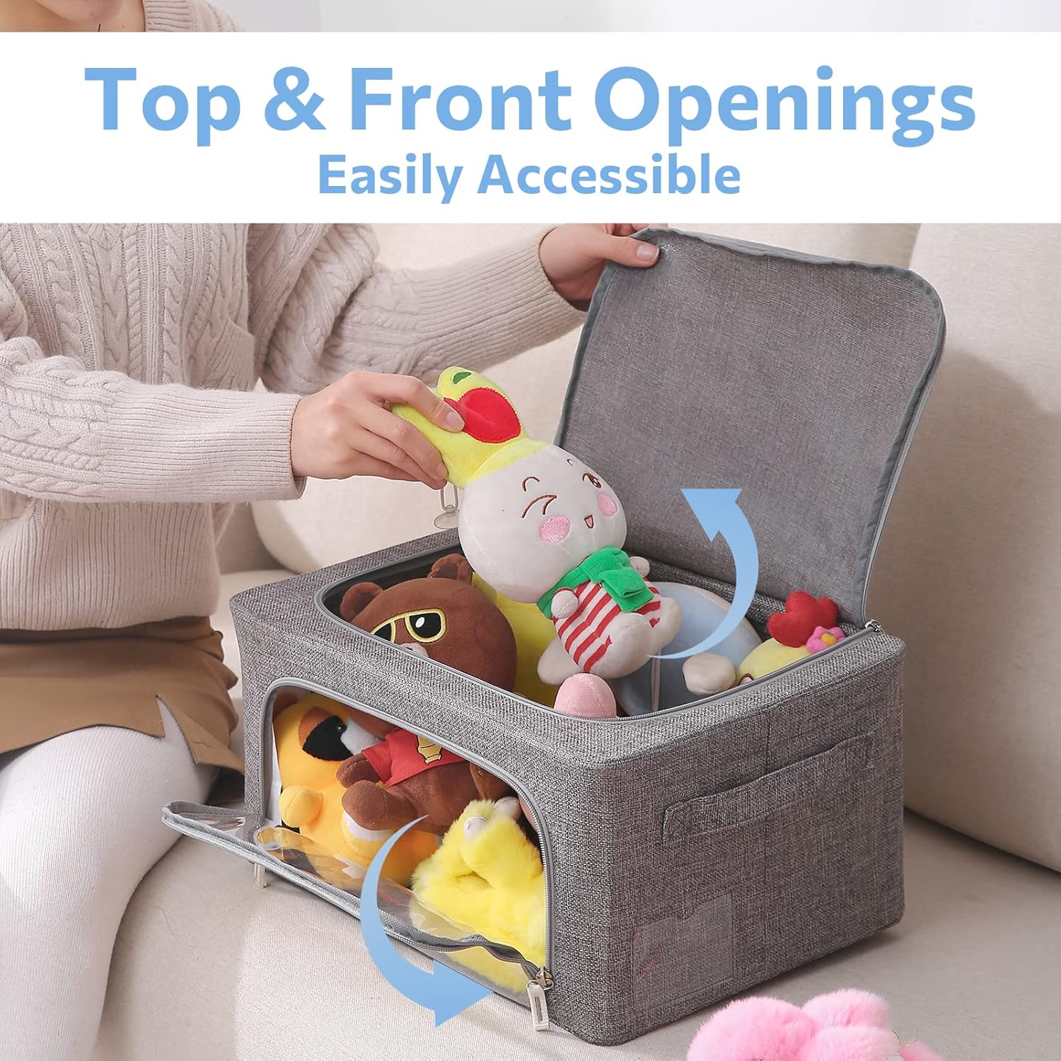 CYhom 3Pack Foldable Storage Bins - Frame Storage Box Linen Fabric Stackable Clothes Container Organizer with Clear Window & Carry Handles Large Capacity (Small-22L, Dark Gray)