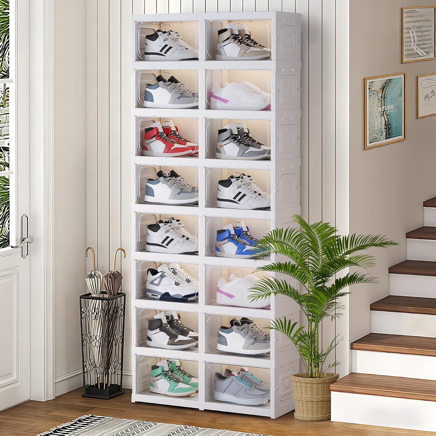 Shoe Box Foldable Storage Box Installation-free Clear Plastic Stackable Shoe Storage Cabinet Shoe Organizer Shoe Container Box with Lids Large Size Shoe Rack (8 Tiers 16 Pairs)