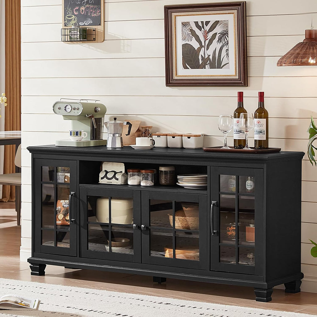 SAVOR LIFE 60-Inch Sideboard Buffet with Glass Doors, Black | 60-inch wood buffet with four glass doors, adjustable shelves and open storage for tableware, coffee bars and display