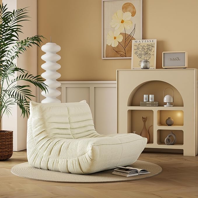 Bean Bag Chair, Lazy Floor Sofa Couch for Adults and Kids, Fireside Chair with Ergonomic Design, Memory Foam Lounge Chair for Living Room Bedroom, Office, Beige