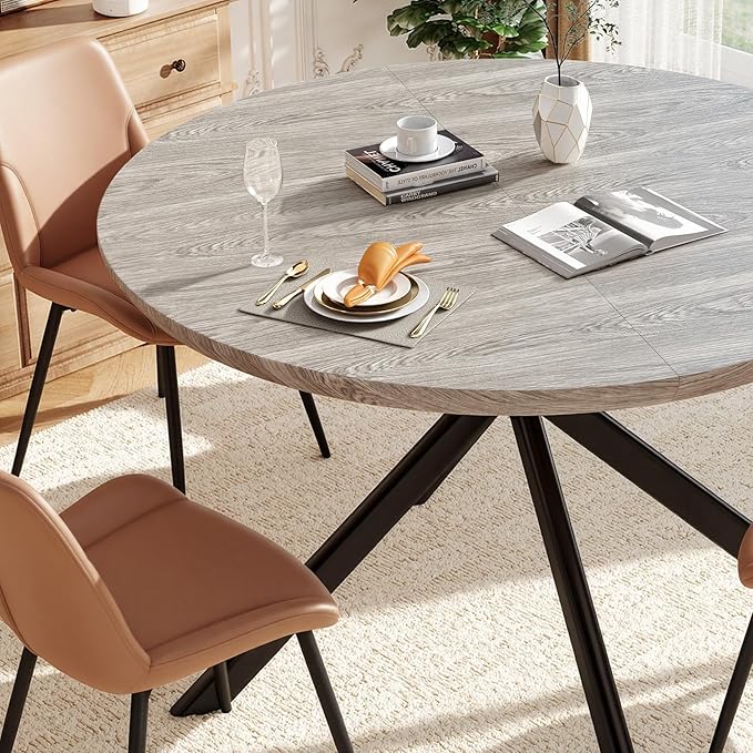 47.2" 5-Piece Round Dining Table Set for 4, Modern Wood Dining Table with 4 Upholstered Chairs, Kitchen & Dining Room Table Set with Metal Base for Apartment, Small Space, Grey Table+4 Brown Chairs