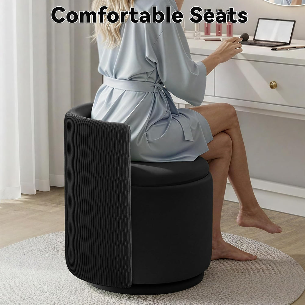 360° Swivel Velvet Vanity Chair with Storage, Barrel Makeup Chair with Wave B...