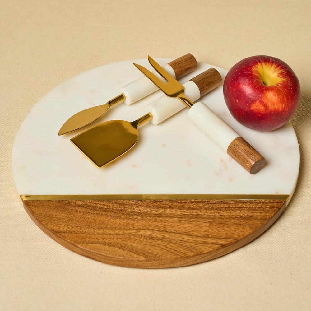 Marble Cheese Board with Wooden Thick Inlay - 3 Knife Set Included Round Char...