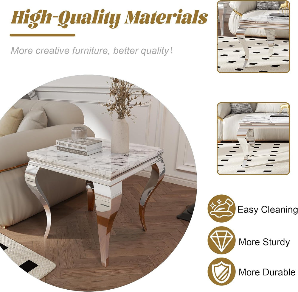 Square Faux Marble End Table, Modern Elegant Side Table with Stainless Steel ...