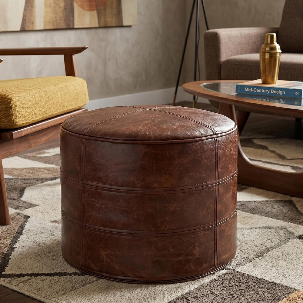 SIMPLIHOME Connor 18" Wide Genuine Leather Round Pouf in Weathered Camel...