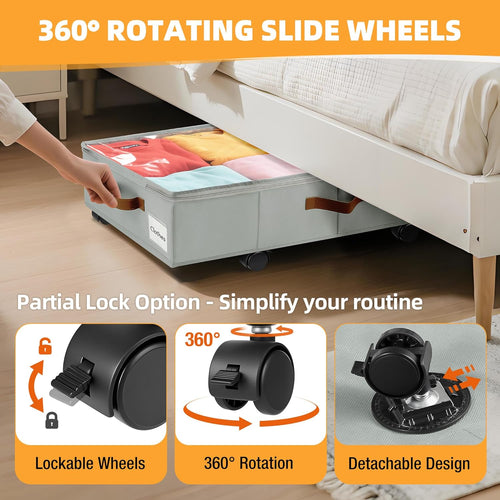 2 Pack Under Bed Storage with Wheels – 30.5×17×5.5 Inch, Underbed Storage with Sturdy Sidewalls/Bottom, Clear Cover, Label and PU Handle, Rolling Under Bed Drawers for Clothes, Shoes, Toys, Blankets