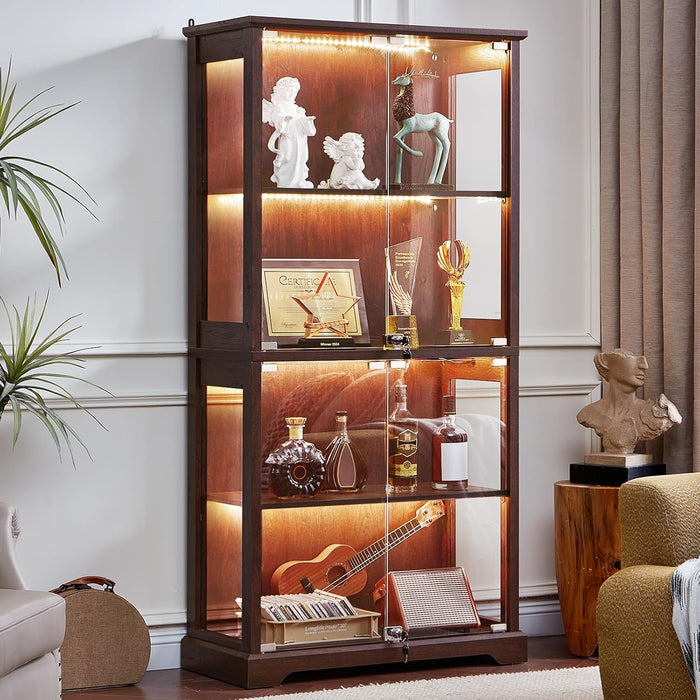 LELELINKY Farmhouse Glass Display Cabinet with Doors, Wooden Curio Cabinet for Collectibles with 3-Color LED Motion-Sensor Light & Reinforced Base, Walnut