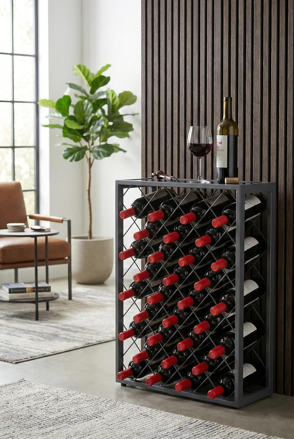 Mango Steam 32 Bottle Gray Wine Rack with Gray Glass Top Shelf, Free Standing...
