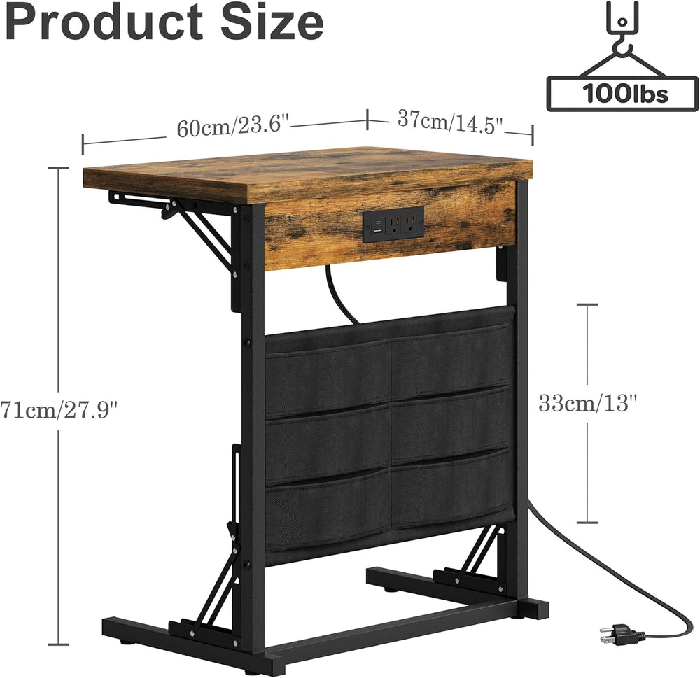 Foldable C-Shaped Table with Charging Station, Folding TV Tray End Table for ...