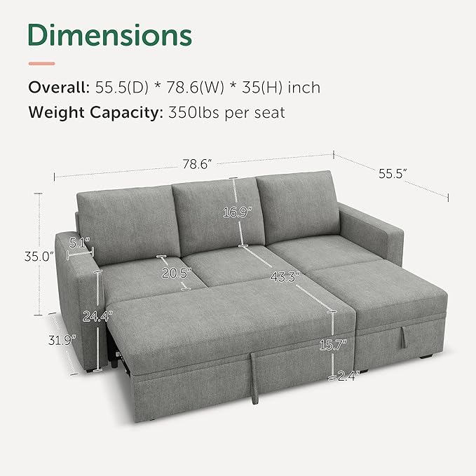 HONBAY Modular Sectional Sleeper Sofa with Pull Out Bed, L Shaped Sofa with Storage, Modular Sectional Couches for Living Room, Warm Grey