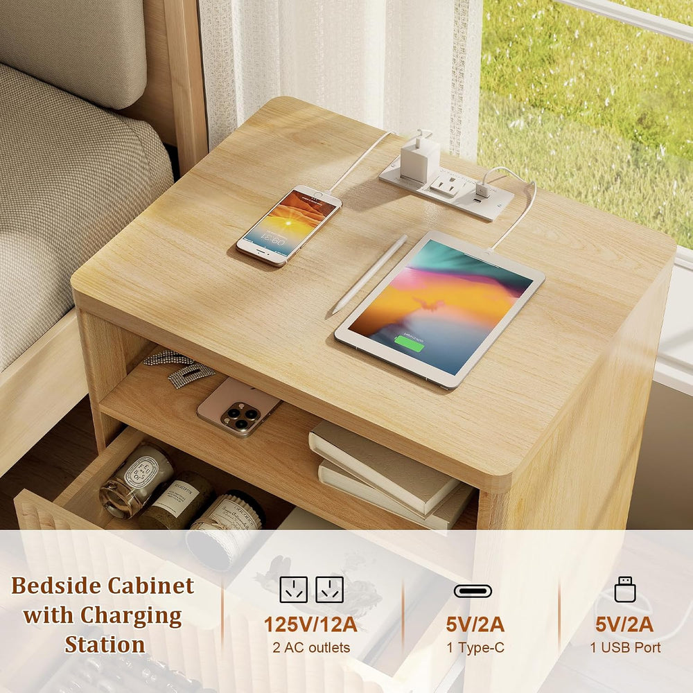 LYNCOHOME Fluted Nightstand with Charging Station, 19.7 inch Wide End Table w...