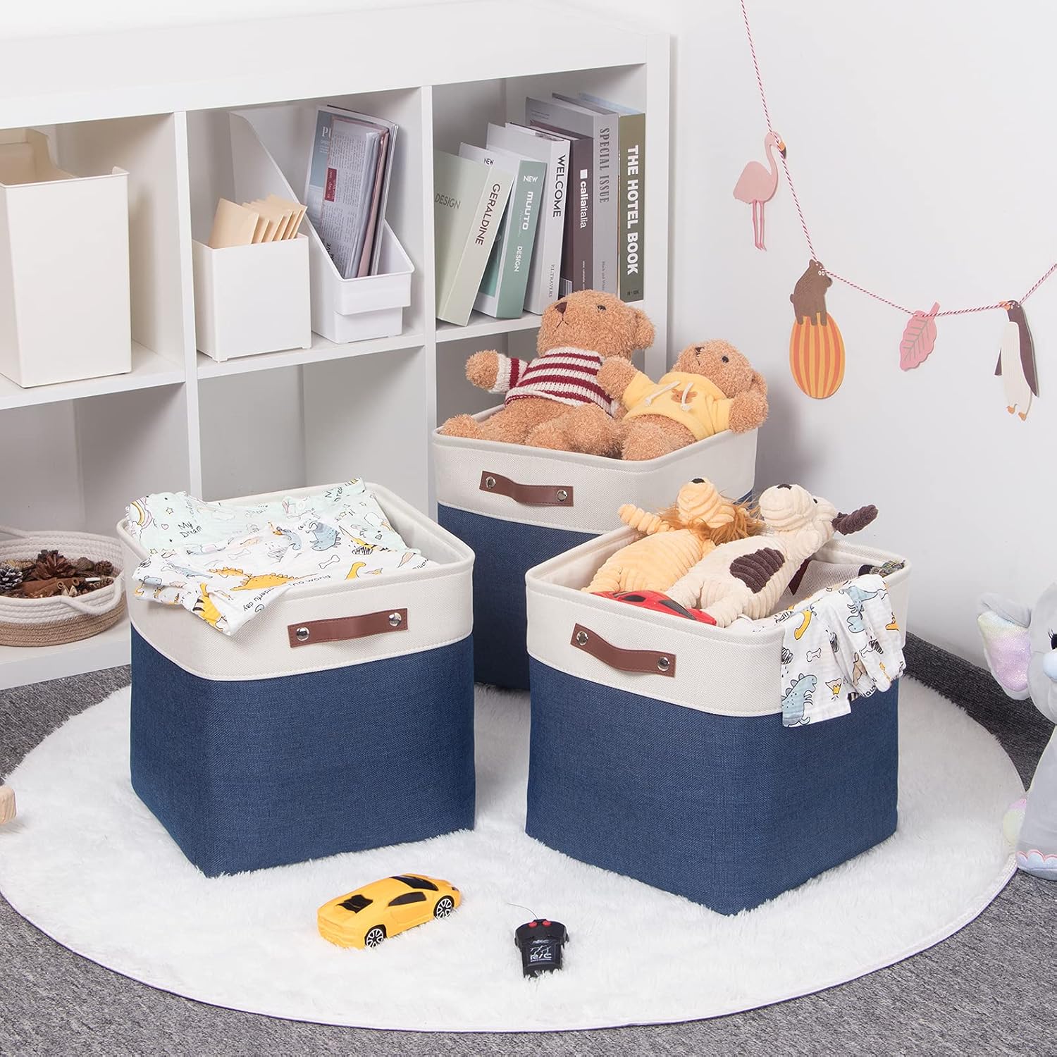 HNZIGE Baskets Fabric Storage Cubes Bins Baskets(3 Pack) Storage Baskets Cube for Shelf, Large Collapsible Organizer Closet Baskets,13x13 Toy Baskets with Leather Handle(White&Blue)