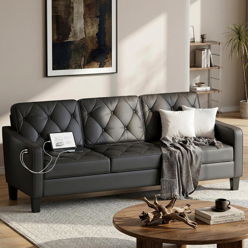 83" Black Faux Leather 3 Seater Couch, Mid Century Tufted Sofa Living Ro...