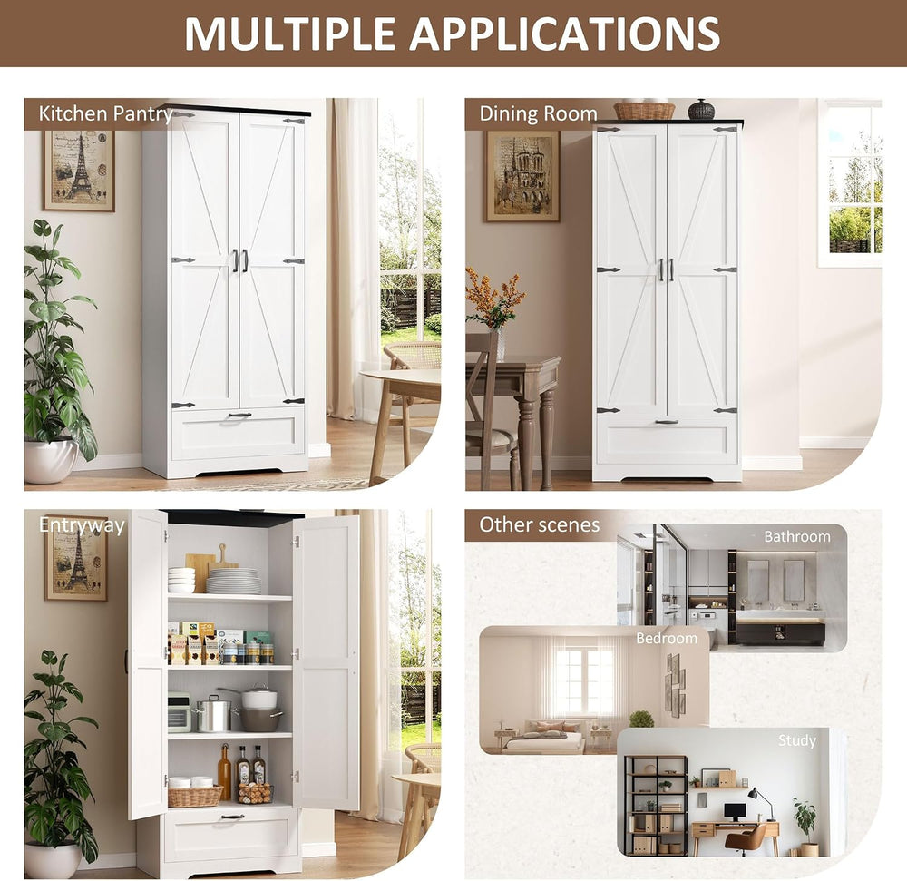 Vongrasig Kitchen Pantry Storage Cabinet with Barn Doors, Drawer and Adjustab...