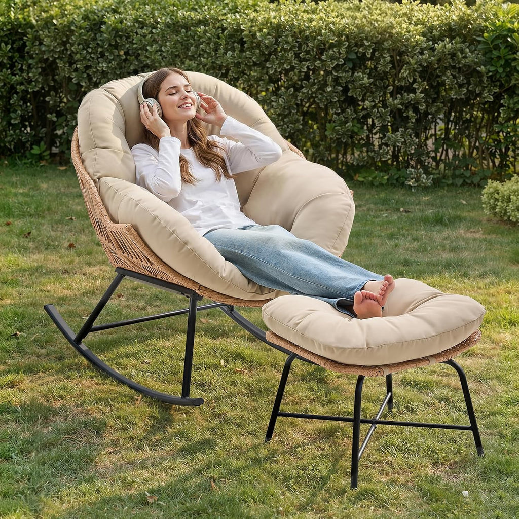 ONBRILL Papasan Rocking Chair with Ottoman, Oversized Papasan Chair, Beige | Indoor & Outdoor Rocker Chair with Padded Cushion for Living Room, Patio, Garden