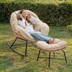 ONBRILL Papasan Rocking Chair with Ottoman, Oversized Papasan Chair, Beige | Indoor & Outdoor Rocker Chair with Padded Cushion for Living Room, Patio, Garden