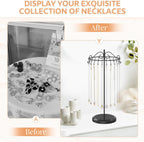 iDavosic.ly Rotating Necklace Holder Organizer with 24 Hooks, Adjustable Metal Bracelet Display Stand Rack, Extra Tall Keychain Spinning Tree Tower for Women, Black