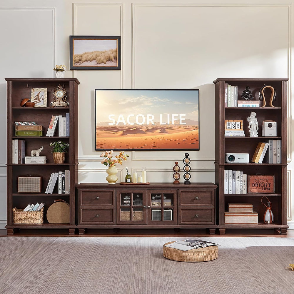 SAVOR LIFE Farmhouse TV Stands for Living Room, Walnut | Heavy-Duty Rustic En...