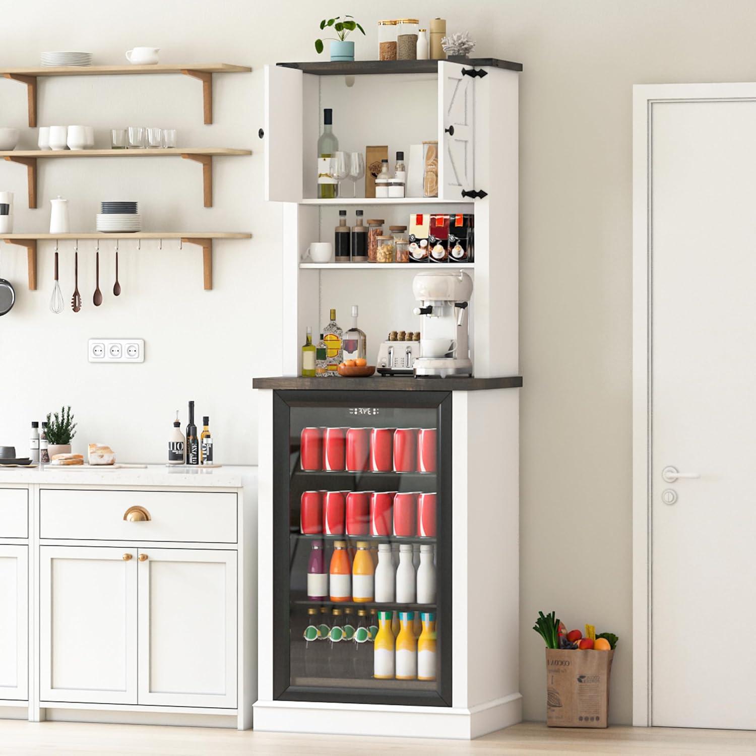 73'' Tall Mini Fridge Cabinet with Storage Hutch, Farmhouse Coffee Bar with Mini Fridge Space, Wine Bar Cabinet for Kitchen, Dining Room, Living Room