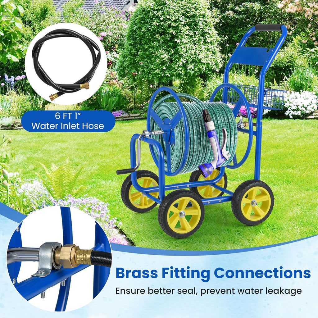 Goplus Garden Hose Reel Cart, 300 FT of 5/8" Large Capacity, Heavy-Duty Metal Hose Cart w/ 4 Wheels, Storage Basket, Portable Water Hose Organizer for Outside Yard, Outdoor Planting Tool (Green)