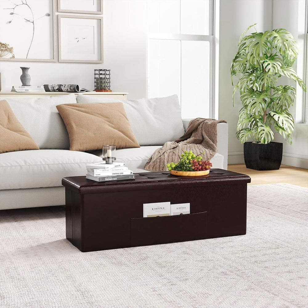 Giantex 43 Inches Folding Storage Ottoman Bench, Upholstered PU Leather Stora...